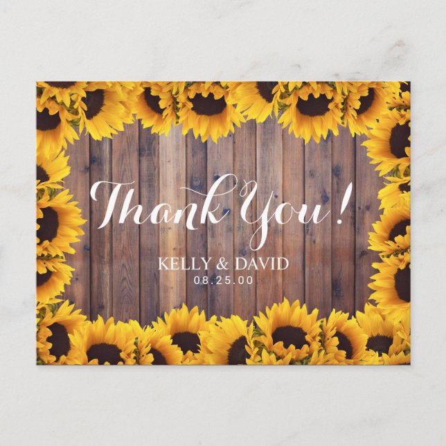 Rustic Sunflower Wedding Vielen Dank Postkarte (Vorderseite)
