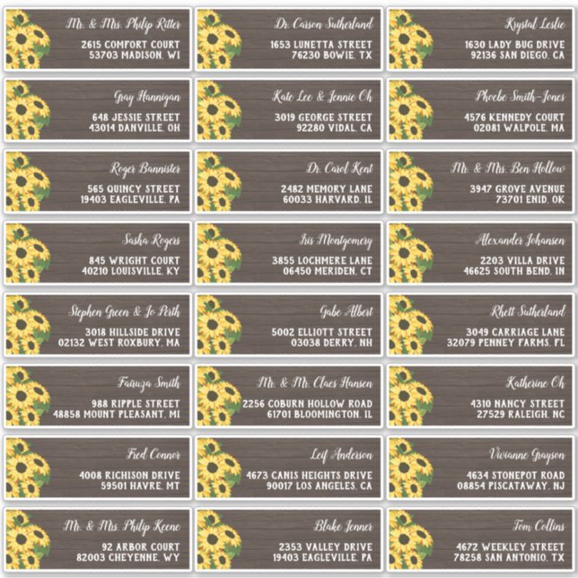 Rustic Sunflower Wood 24 Wedding Guest Address Aufkleber (Vorderseite)