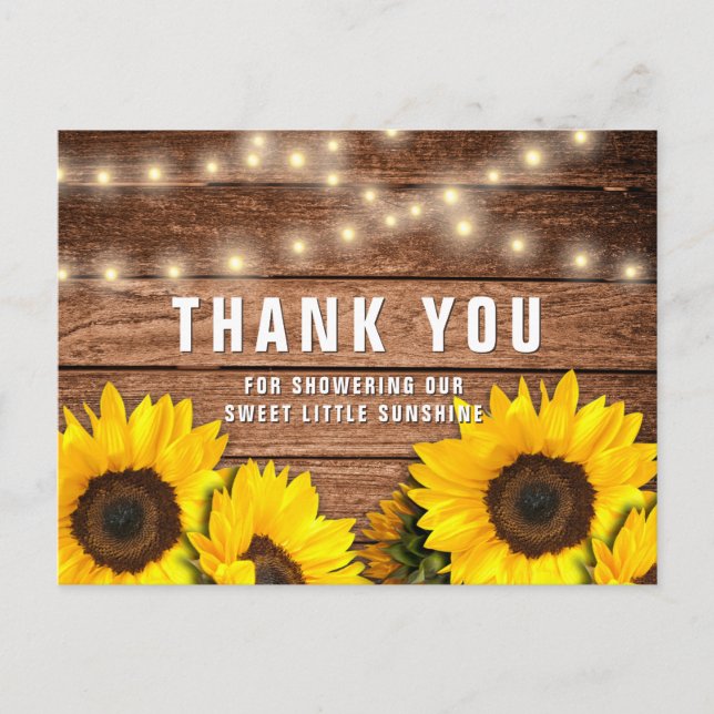 Rustic Sunflower Wood Baby Dusche Vielen Dank Postkarte (Vorderseite)