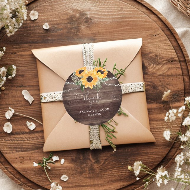 Rustic Sunflower Wood Wedding Vielen Dank für Ihr  Runder Aufkleber (Von Creator hochgeladen)