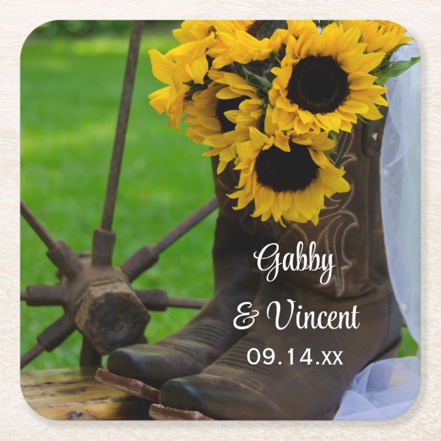 Rustic Sunflowers and Cowboy Boots Western Wedding Rechteckiger Pappuntersetzer (Vorderseite)