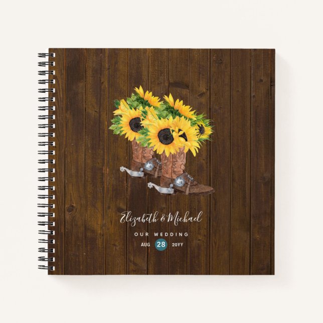 Rustic Sunflowers Country Boots Wedding Gästebuch Notizbuch (Vorderseite)