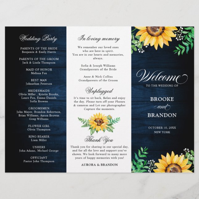 Rustic Sunflowers Gipskraut Hochzeitsprogramm (Vorderseite)