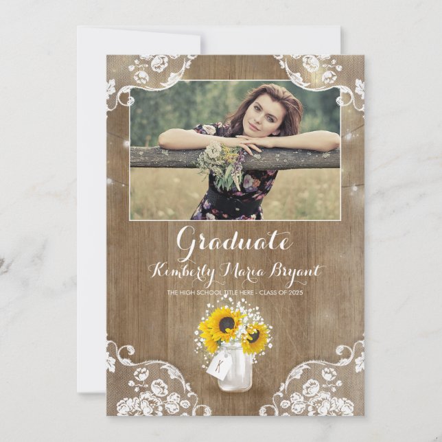 Rustic Sunflowers Mason Jar Foto Graduation Party Einladung (Vorderseite)