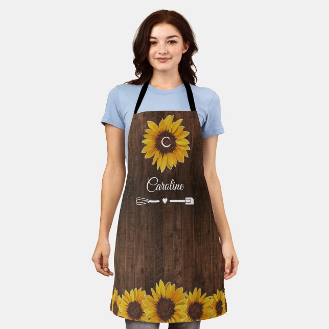 Rustic Sunflowers Monogram Wood Kitchen Schürze (Getragen)