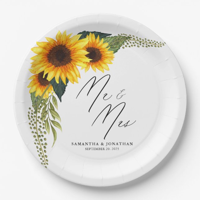 Rustic Sunflowers Script Mr. and Mrs. Wedding Pappteller (Vorderseite)