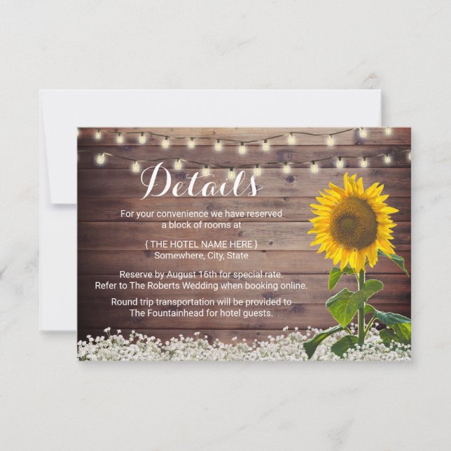 Rustic Sunfower String Lights Stall Wedding Detail Einladung (Vorderseite)