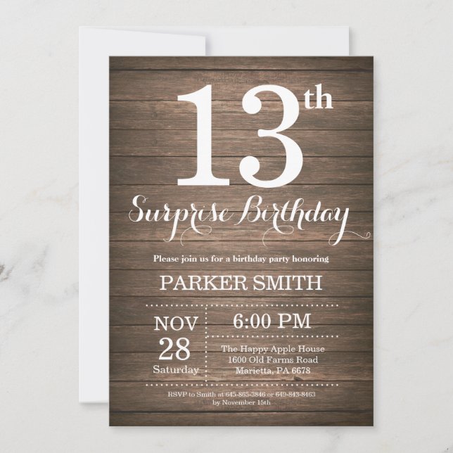 Rustic Surprise 13e anniversaire Invitation (Devant)