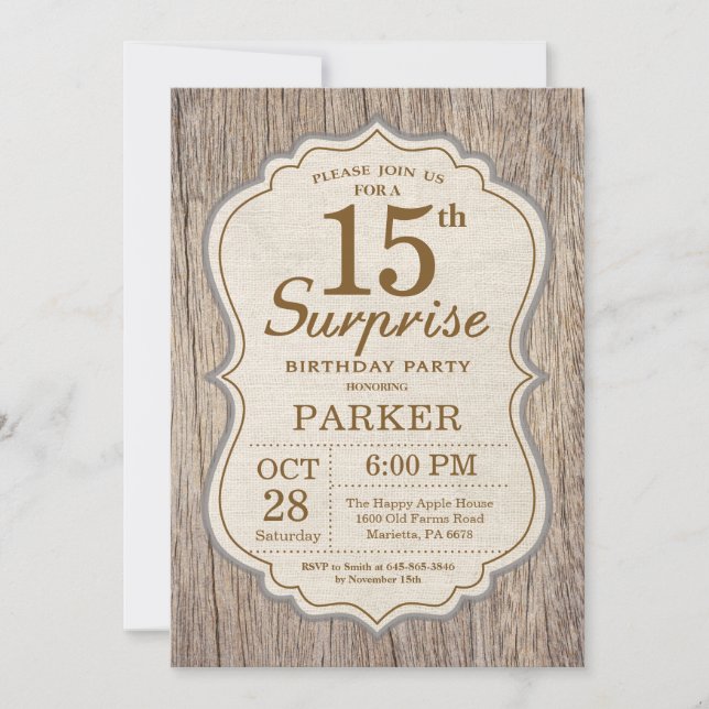 Rustic Surprise 15e anniversaire Invitation Bois (Devant)