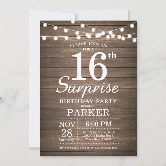 Rustic Surprise 16e anniversaire Invitation Bois (Devant)