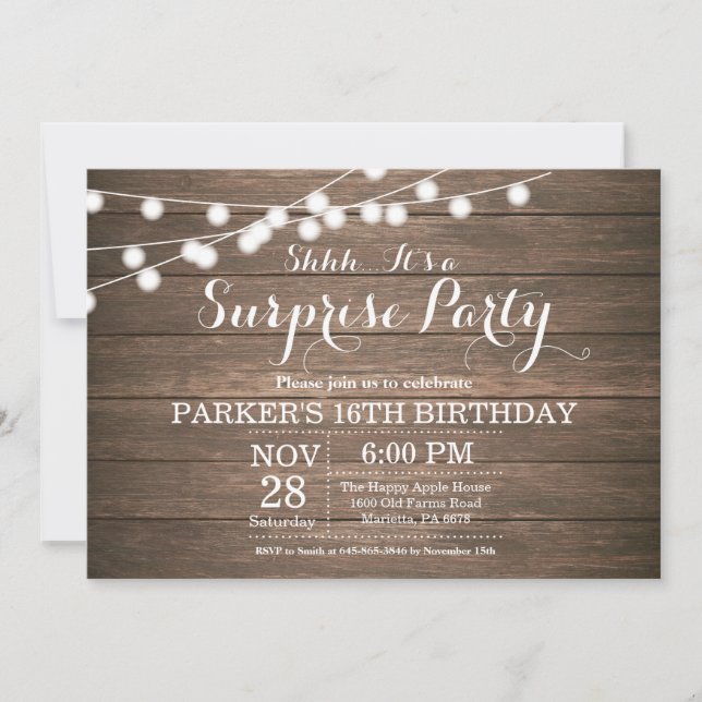 Rustic Surprise 16e anniversaire Invitation Bois (Devant)
