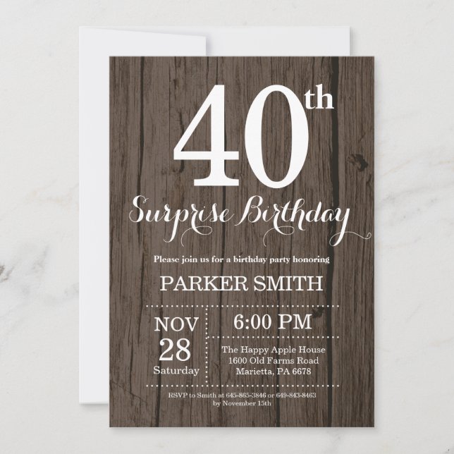 Rustic Surprise 40th Birthday Invitation (Devant)
