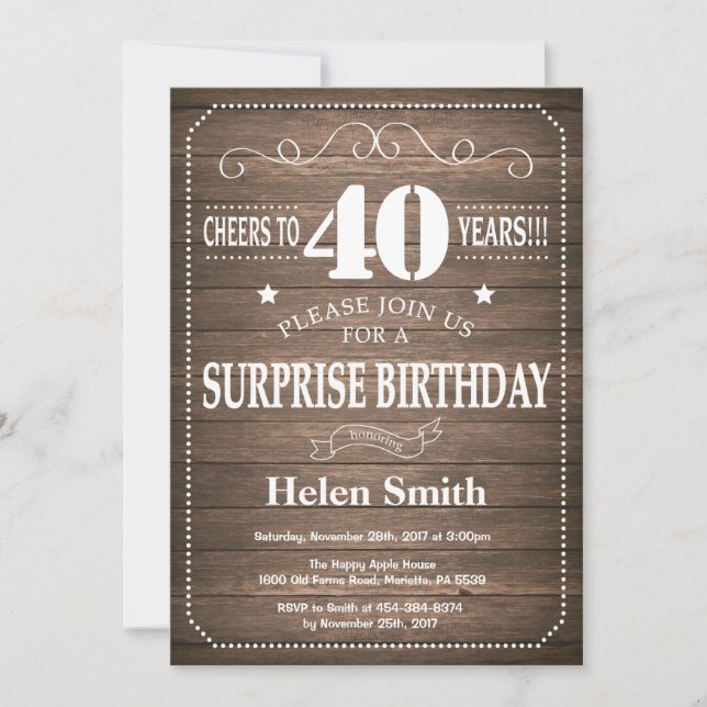 Rustic Surprise 40th Birthday Invitation (Devant)