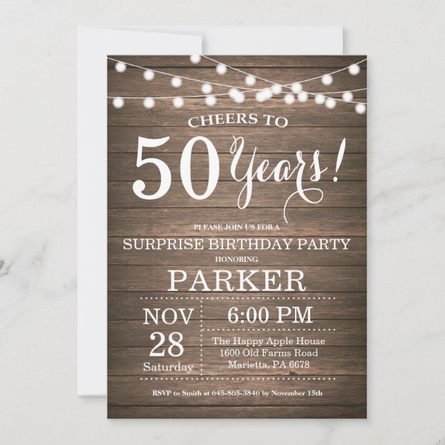 Rustic Surprise 50e anniversaire Invitation Bois (Devant)