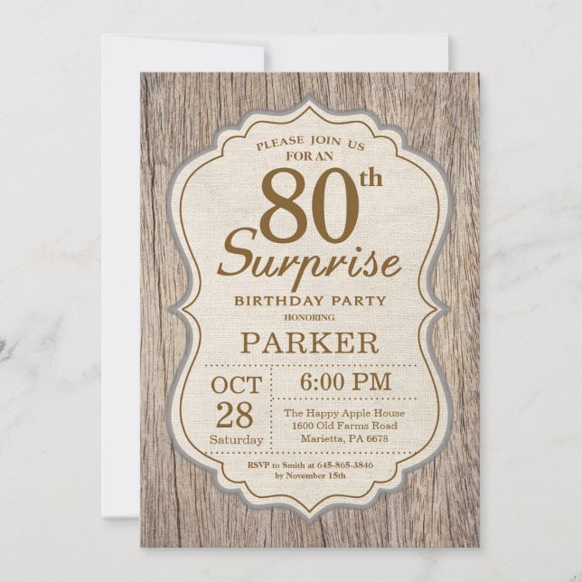 Rustic Surprise 80e anniversaire Invitation Bois (Devant)