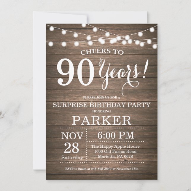 Rustic Surprise 90e anniversaire Invitation Bois (Devant)