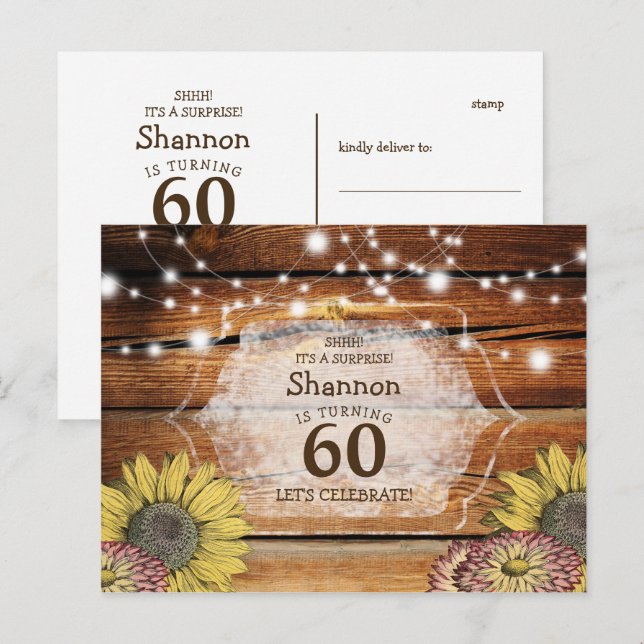 Rustic Surprise Floral 60e Anniversaire Carte post (Devant / Derrière)
