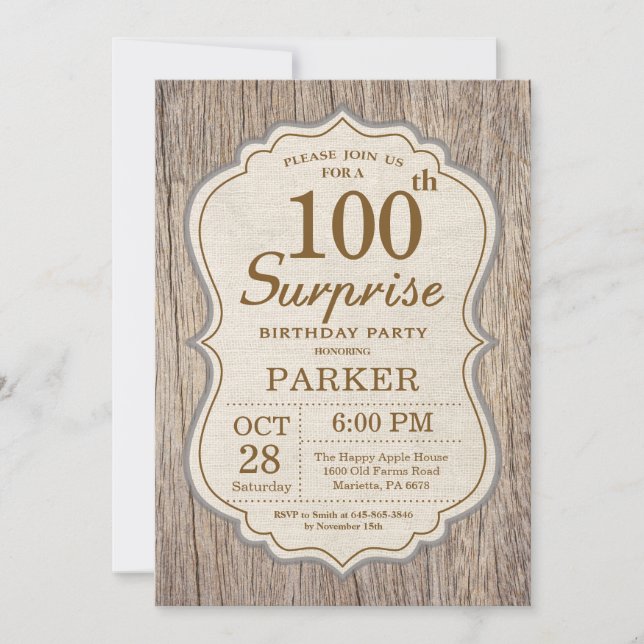 Rustic Surprise Invitation 100e anniversaire Bois (Devant)