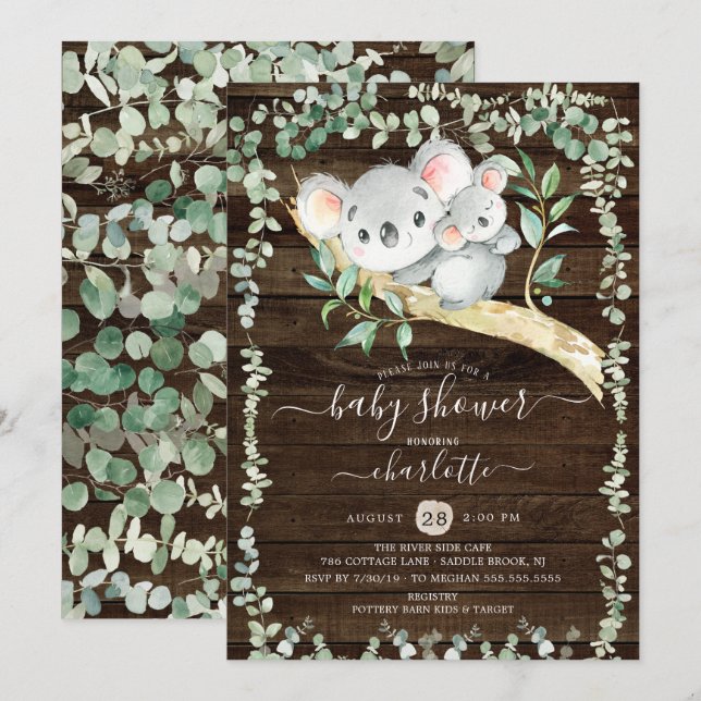 Rustic Sweet Koala Baby shower Ours Invitation (Devant / Derrière)