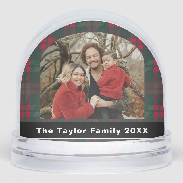 Rustic Tartan Plaid Family Photo Schneekugeln (Vorderseite)
