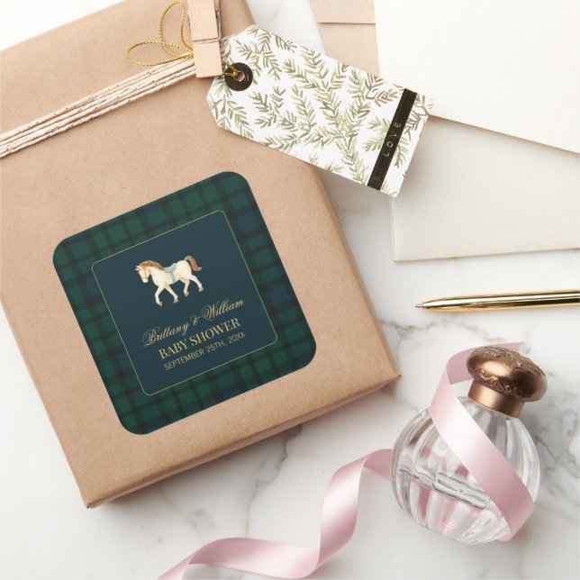 Rustic Tartan Plaid Horse Baby Shower  Quadratischer Aufkleber (Schenken)