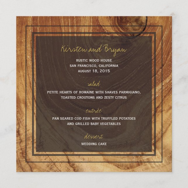 Rustic Teak Wood Bois Photo Moderne Mariage Menu (Devant)