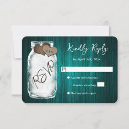 Rustic Teal Mason Jar Wood Wedding RSVP Card Karte