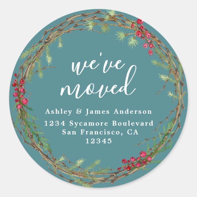 Rustic Teal Wreath We’ve Moved Address Runder Aufkleber (Vorderseite)