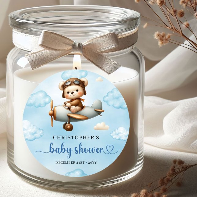 Rustic Teddy Bear Aviator Blue Brown Boy Baby Show Runder Aufkleber (Rustic Teddy Bear Aviator Blue Brown Boy Baby Shower Sticker

)