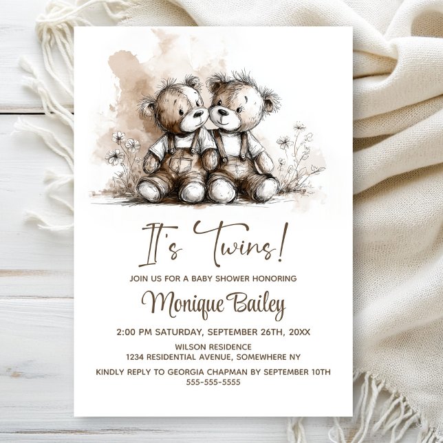 Rustic Teddy Bear Twins Baby Shower Einladung (Von Creator hochgeladen)