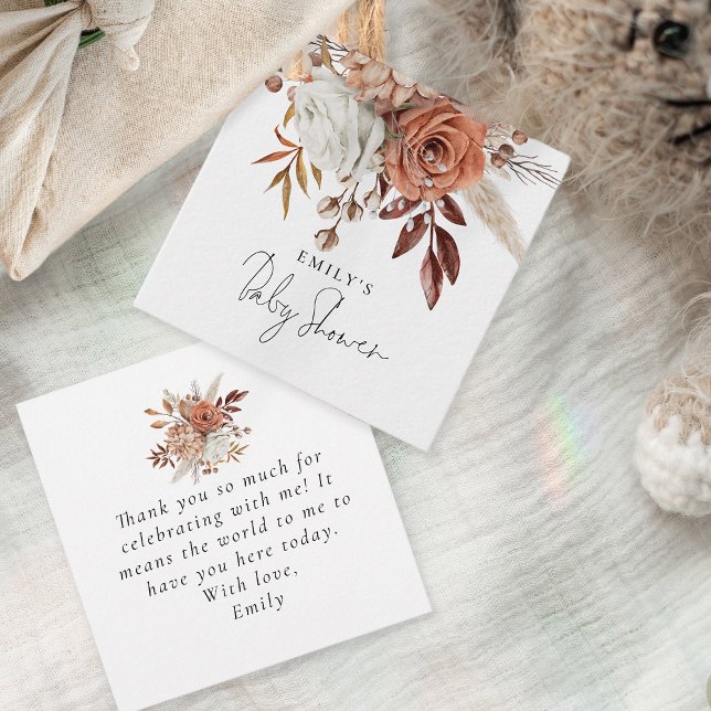 Rustic Terracotta Floral Name Baby Dusche Danke Geschenkanhänger (Front and back view)