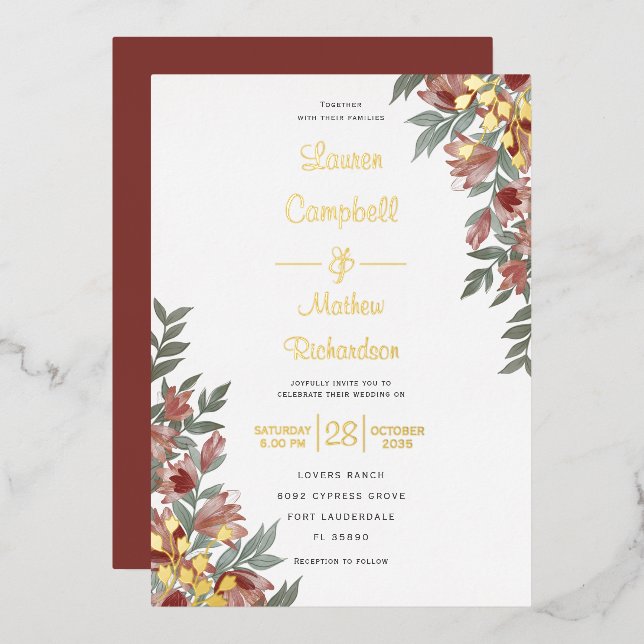 Rustic Terracotta Floral Real Gold Hochzeit Folieneinladung (Vorderseite/Rückseite)