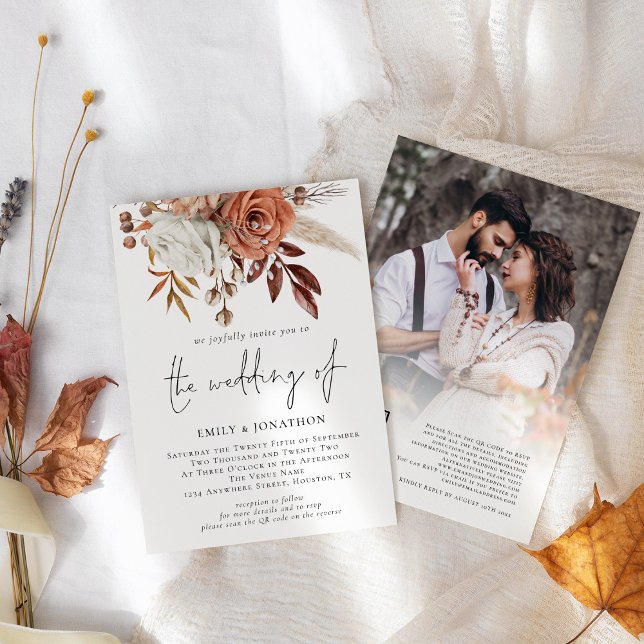 Rustic Terracotta Florals Foto QR Code Wedding Einladung (Front and back view)
