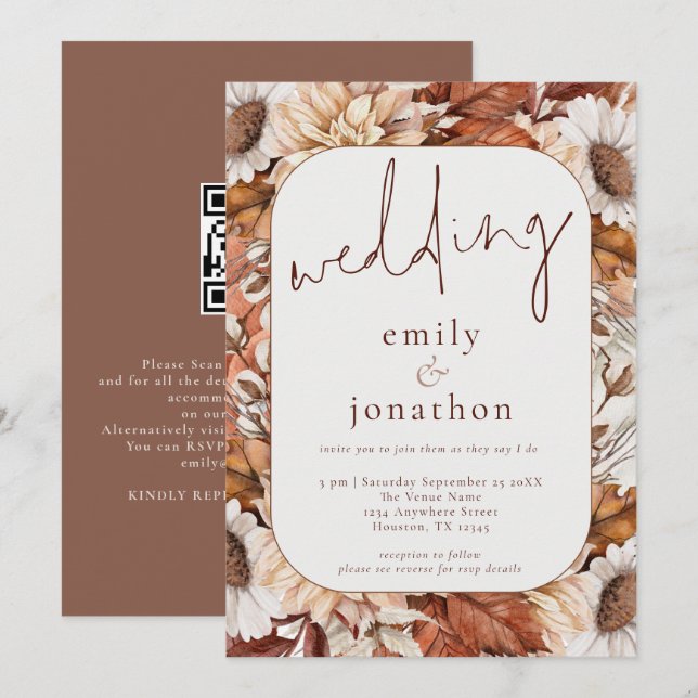 Rustic Terracotta Florals Frame QR Code Wedding Einladung (Vorne/Hinten)