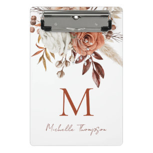 Rustic Terracotta Florals Monogram, Initialname Mini Klemmbrett