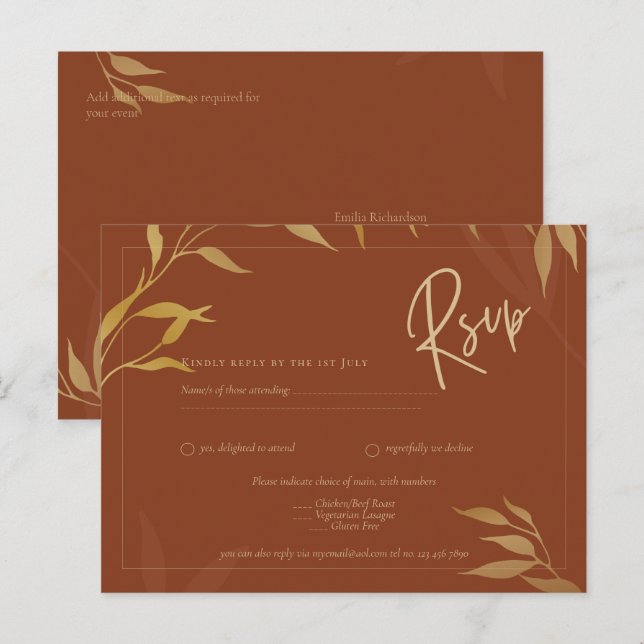 Rustic Terracotta GOLD Blätter Overlay Wedding RSV Postkarte (Vorne/Hinten)