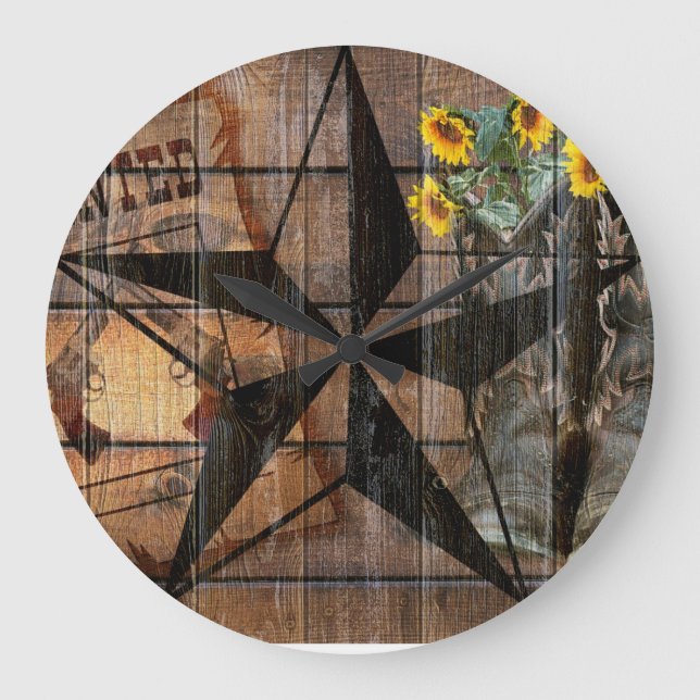 Rustic Texas Star Western Pistol Cowboy Boots Große Wanduhr (Vorderseite)