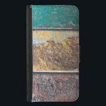 Rustic Texture With Flaking Paint On Rusty Metal Samsung Galaxy S5 Geldbeutel Hülle<br><div class="desc">Eine Telefontasche mit cool aussehender rustikaler Textur als Hintergrund. Horizontale Streifen aus roter gelber und grüner Farbe,  die eine rostrote Wand aus Metall abziehen und abziehen. Sieht alt aus,  verwittert und verblasst.</div>