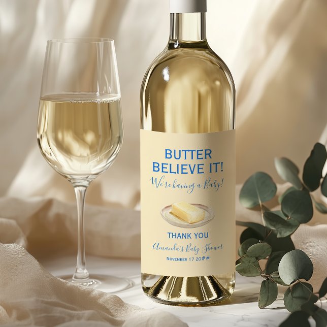 Rustic Theme Butter Yellow Blue Baby Shower  Weinetikett (Von Creator hochgeladen)