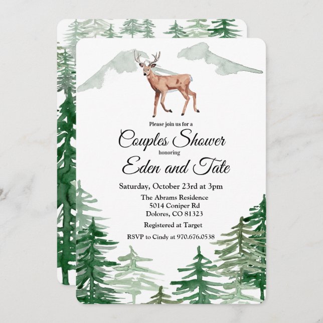 Rustic Tree Deer Couples Douche Invitation (Devant / Derrière)