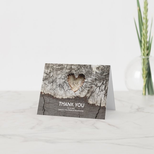 Rustic Tree Wood Heart Wedding Vielen Dank Dankeskarte (Vorderseite)