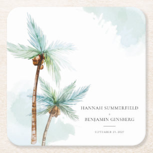 Rustic Tropical Beach Palm Tree Wasserfarbenhochze Rechteckiger Pappuntersetzer