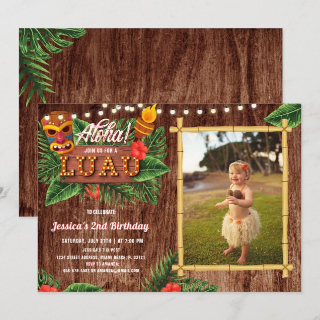 Rustic Tropical Luau Photo Anniversaire Invitation (Devant / Derrière)