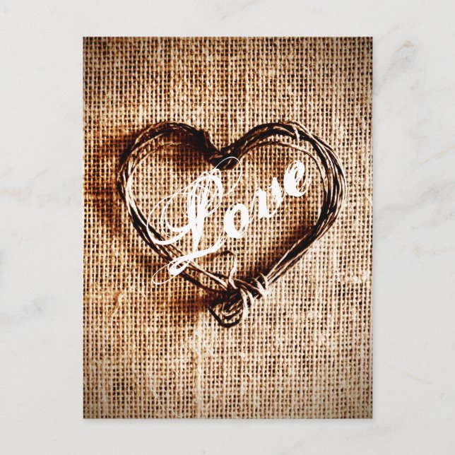 Rustic Twine Heart Burlap Imprimer LOVE Carte post (Devant)