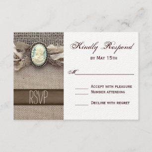 Rustic Vintag Cameo Brooch Burlap Wedding RSVP Karte