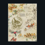 Rustic Vintage Christmas Birds & Holly Ephemera Feiertagspostkarte<br><div class="desc">Schöne Weihnachtscollage mit Vögeln,  heilige,  farbenfrohe Weihnachtsgrüße und Gravuren von antiken Weihnachtskarten aus Viktorianischer Zeit auf bedrücktem Stil Pergament Hintergrund.</div>