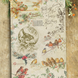 Rustic Vintage Christmas Birds & Holly Ephemera Seidenpapier