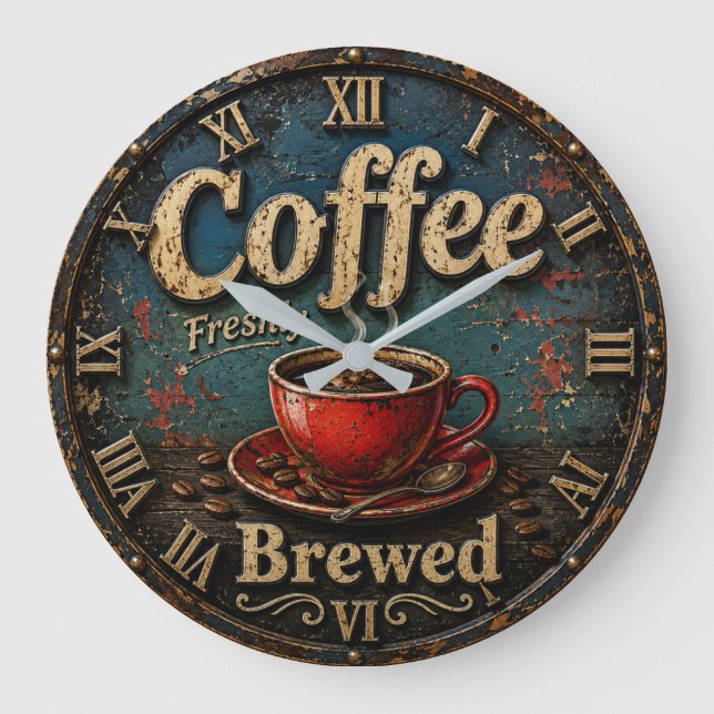 Rustic Vintage Coffee  Große Wanduhr (Vorderseite)