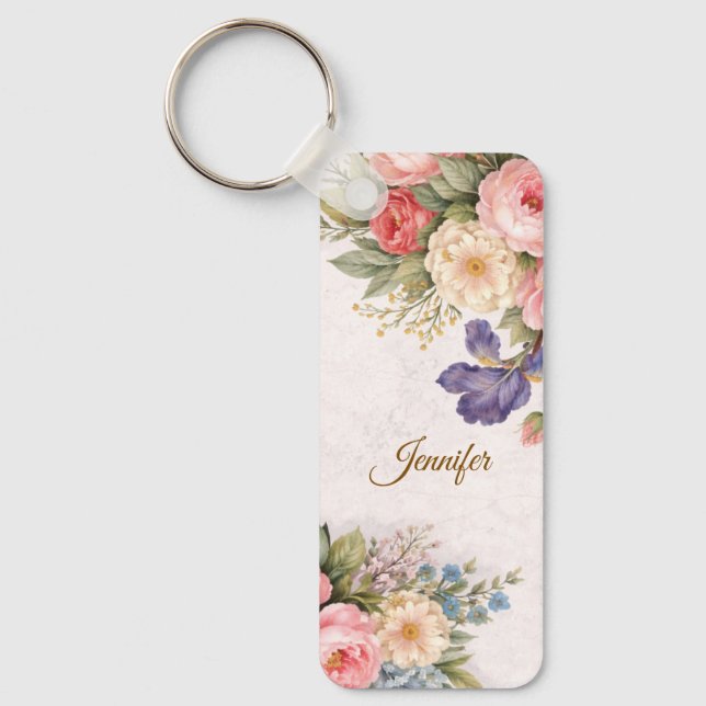 Rustic Vintage Personalized Floral Rose Design     Schlüsselanhänger (Vorderseite)