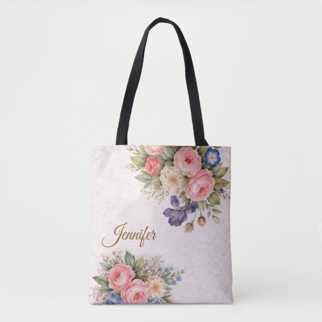 Rustic Vintage Personalized Floral Rose Design     Tasche (Vorderseite)